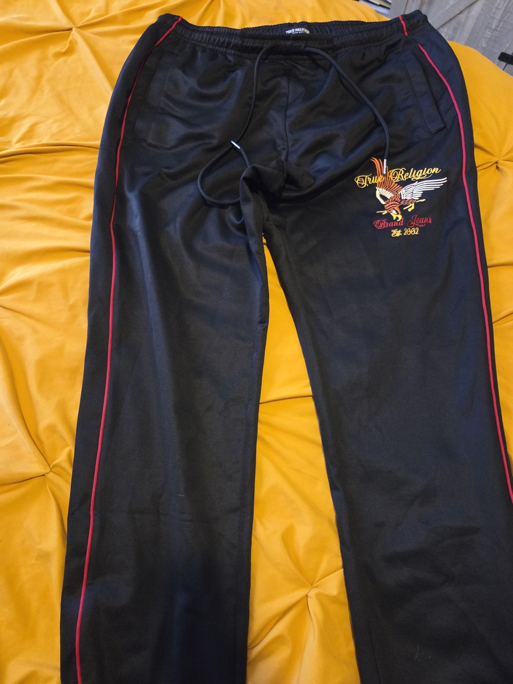 True Religion Black Joggers with Red Piping and Embroidered Eagle